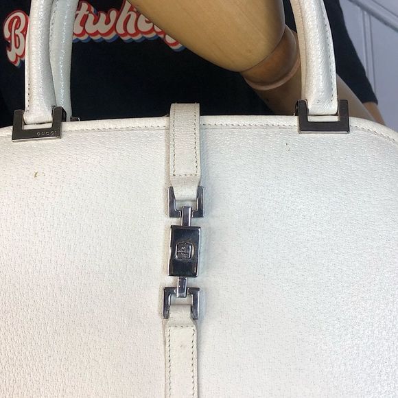Vintage GUCCI Ivory Leather Satchel Self-Standing Silver Jackie Buckle Hand Bag - Picture 4 of 17